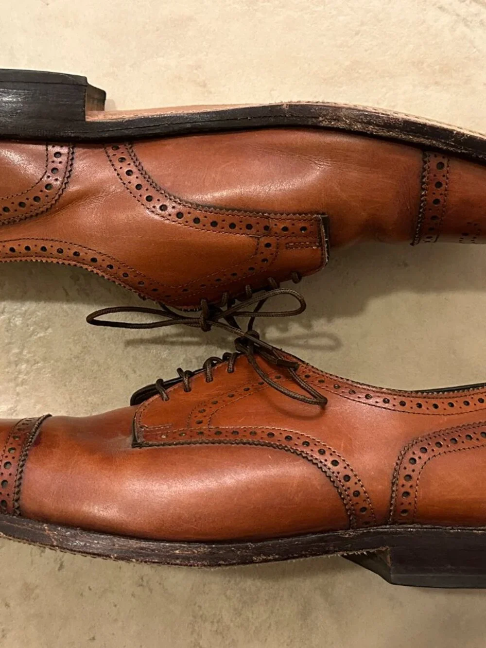 Allen Edmonds Sanford Walnut Tan Leather Cap Toe Brogue Derby Shoes Mens 11 C
